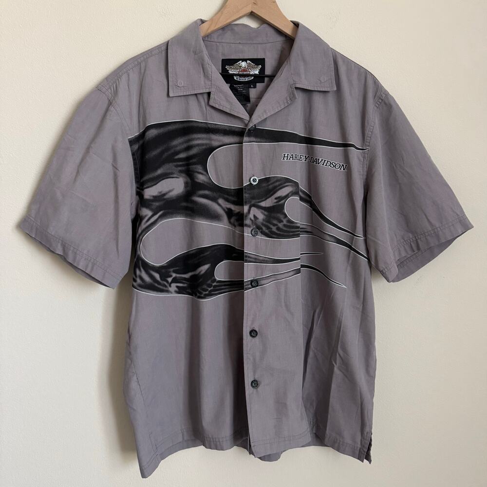 Vintage Y2K Harley Davidson Mens Gray Flames Biker Motorcycle Shirt Size Large